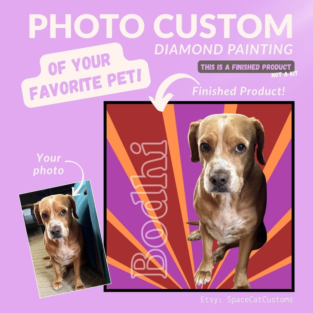 Custom Pet Portrait Diamond Painting Finished and Framed 12x12 Personalized Art